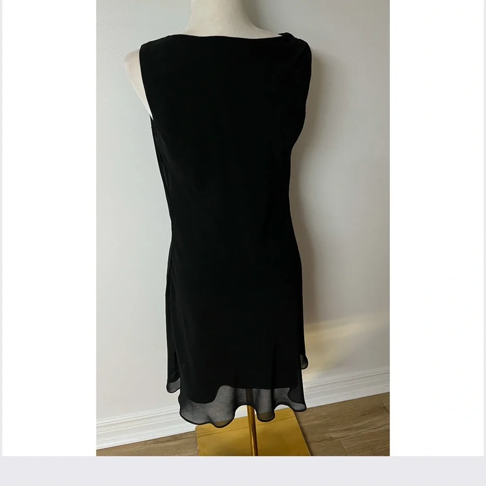 90s Asymmetrical Black Chiffon Dress – Draped Knee-Length with Shoulder Ruffle - Picture 3 of 15